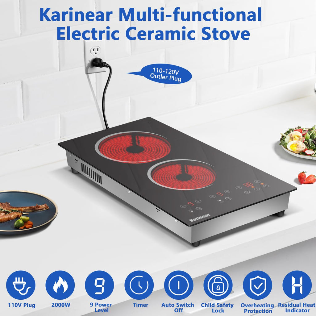 Karinear Electric Cooktop 30 Inch, 5 Burners Electric Stove 30 Inch Electri Ceramic Cooktop, 9 Power Level, Pause, Timer, Child Safety Lock, Triple