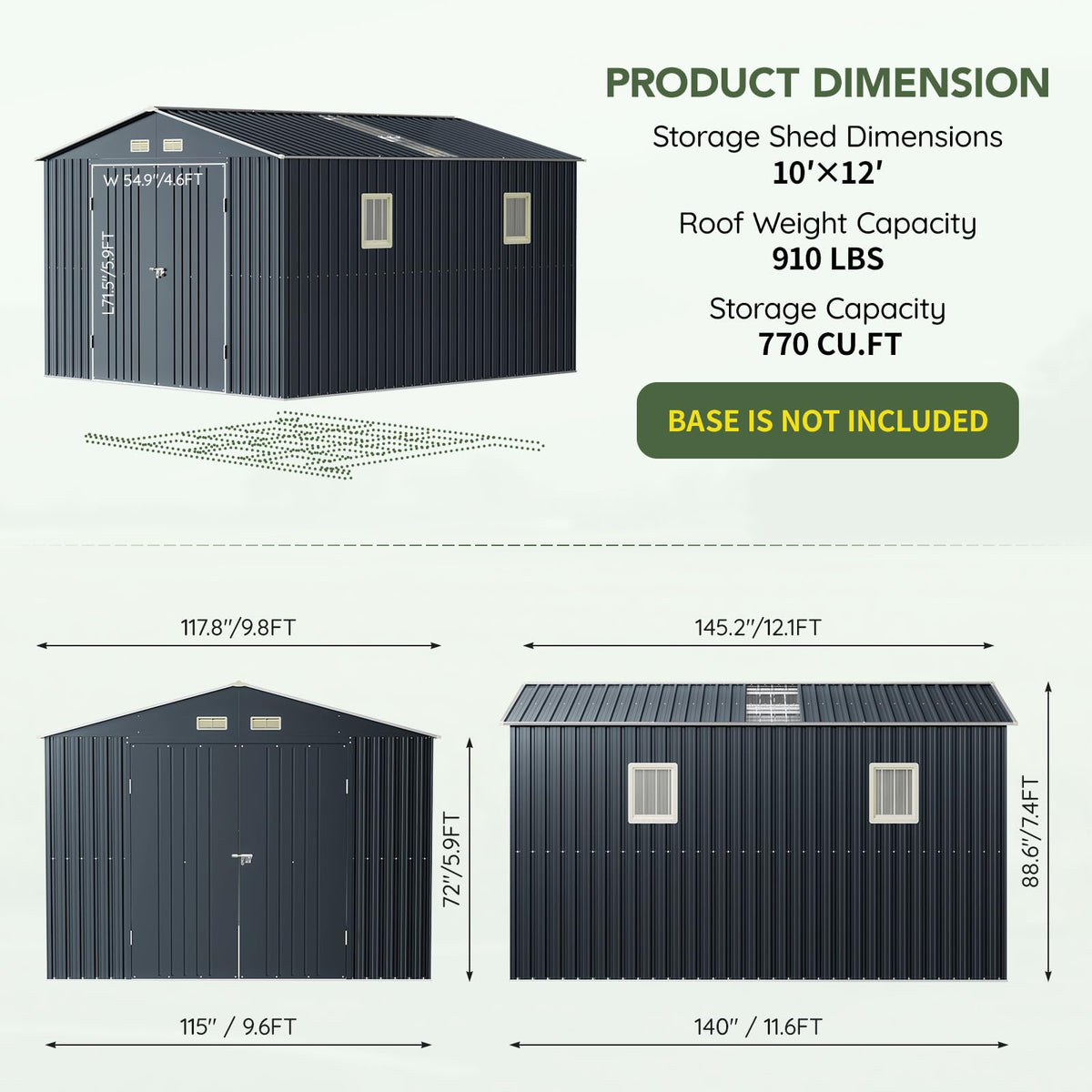 10x10 FT Outdoor Metal Storage Shed, Double Swing Doors, 2 Clear Windows,Tool Shed for Garden, Patio, Backyard Nightblue