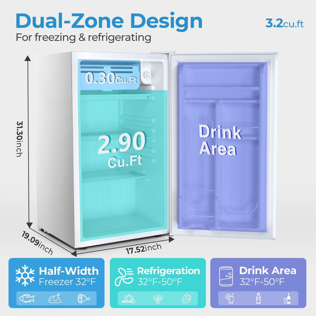 Antarctic Star 3.2 Cu.Ft. Mini Fridge with Freezer, Small Refrigerators with Adjustable Thermostat, Low Noise, Energy Saving, Compact Refrigerators