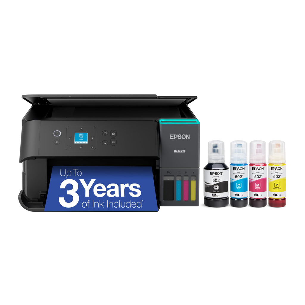 Epson EcoTank ET-2980 Wireless All-in-One Color Supertank Printer with up to 3 Years of Ink, Refillable Tanks, Perfect for Home, 15 PPM, 1.44" Color