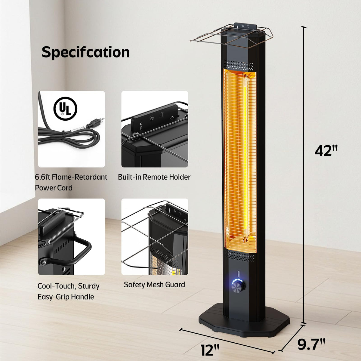 Outdoor Electric Patio Heater, 42-inch 1500W Infrared Tower Heater with 9 Heat Settings & 9H Timer, IPX5 Waterproof, Safety Lock, Tip-Over & Overheat