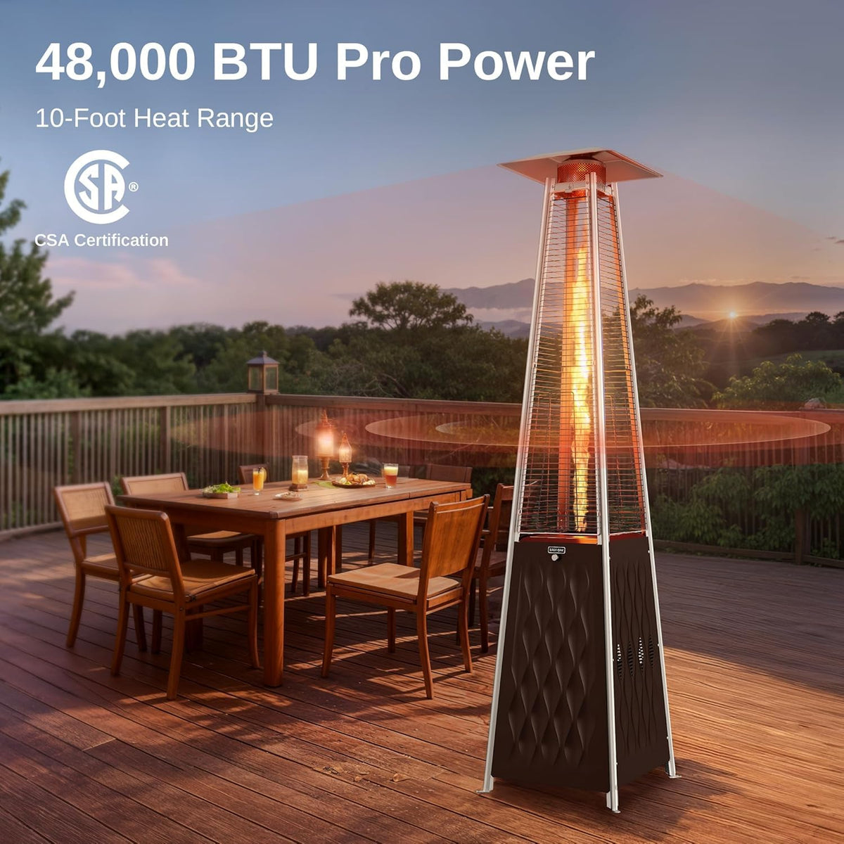 EAST OAK 48,000 BTU Pyramid Patio Heater, Quartz Glass Tube Propane Outdoor Heater with Wheels, Triple Safety Protection, 2025 Upgrade for Home