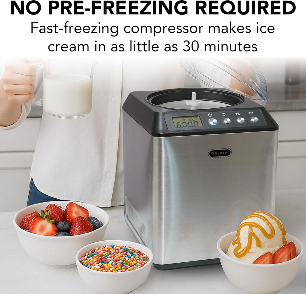 Whynter Ice Cream Maker Machine Automatic 2.1 Qt. Upright with Built-In Compressor, LCD Digital Display & Timer, No Pre-Freezing, ICM-201SB