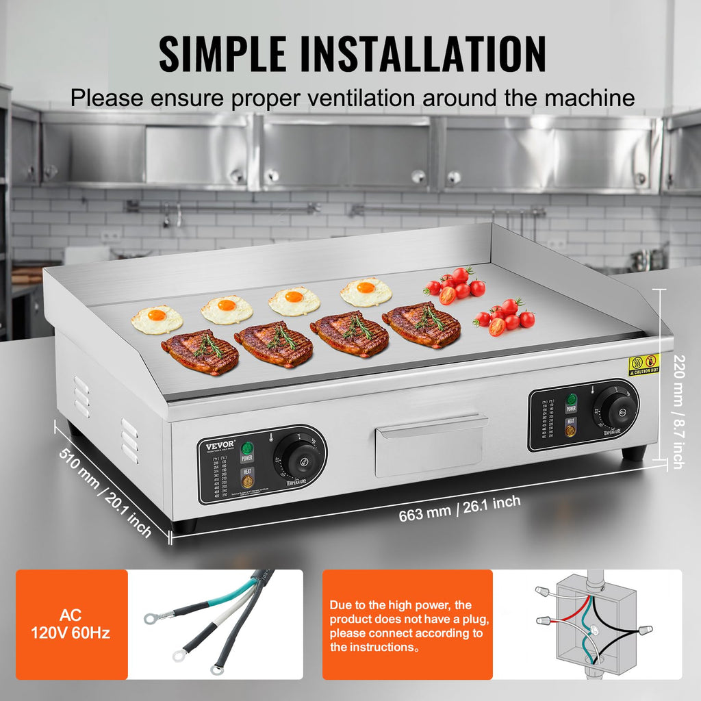 VEVOR Upgraded Commercial Electric Griddle, 2800W Stainless Steel Countertop Flat Top Grill, 26'' Griddle Grill with 2 Shovels and 2 Brushes, 122H