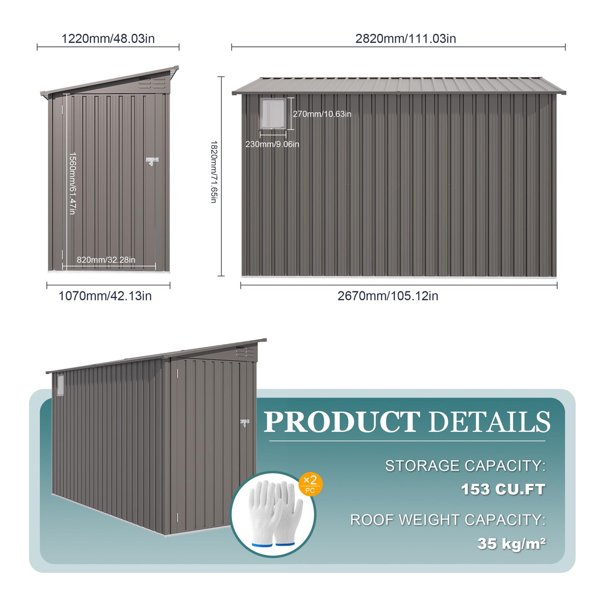 4 * 9.2 FT Outdoor Storage Shed, Galvanized Steel Garden Shed with Lockable Door & Window, Waterproof Metal Tool Storage for Garden, Backyard, Patio