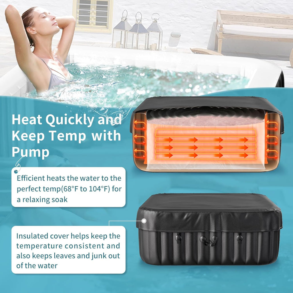 Blow Up Inflatable Hot Tub, 4-6 Person Large Square Portable Hot Tub, Leak-Proof PVC Outdoor Spa with 130 Air Jets, Heater Pump and Insulated Cover