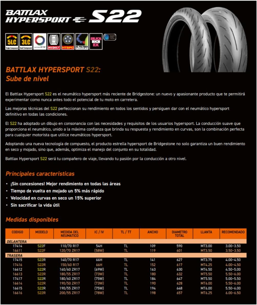 Bridgestone Battlax Hypersport S22 Motorcycle Tire