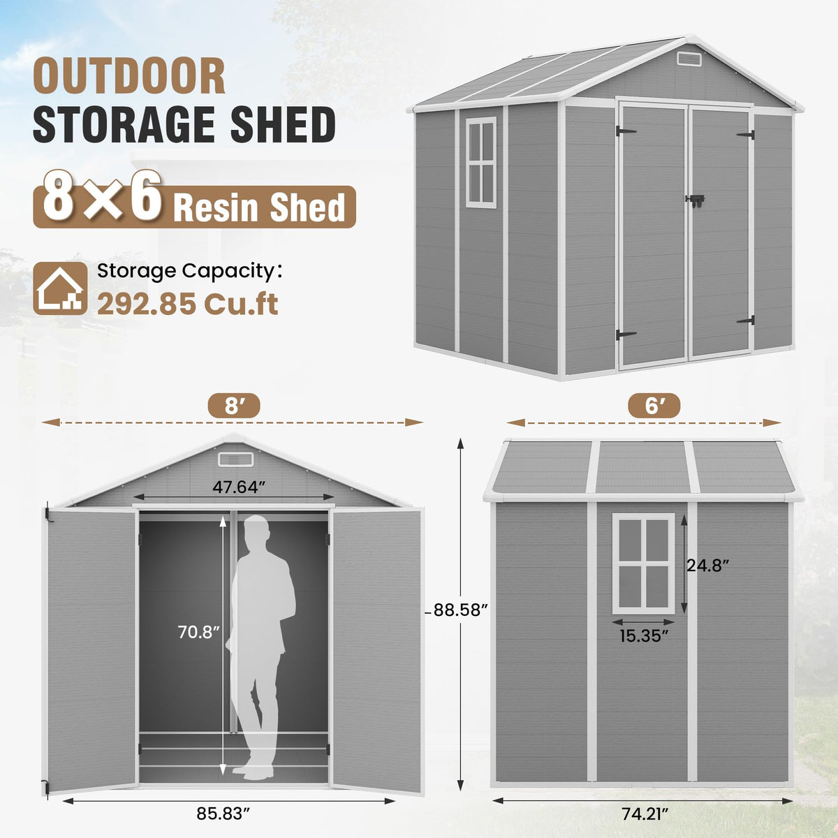 Amopatio 10x8 FT Storage Shed, Resin Shed with Floor Included, Plastic Sheds Outdoor Storage for Bike, Garden Tools, Sheds & Outdoor Storage with