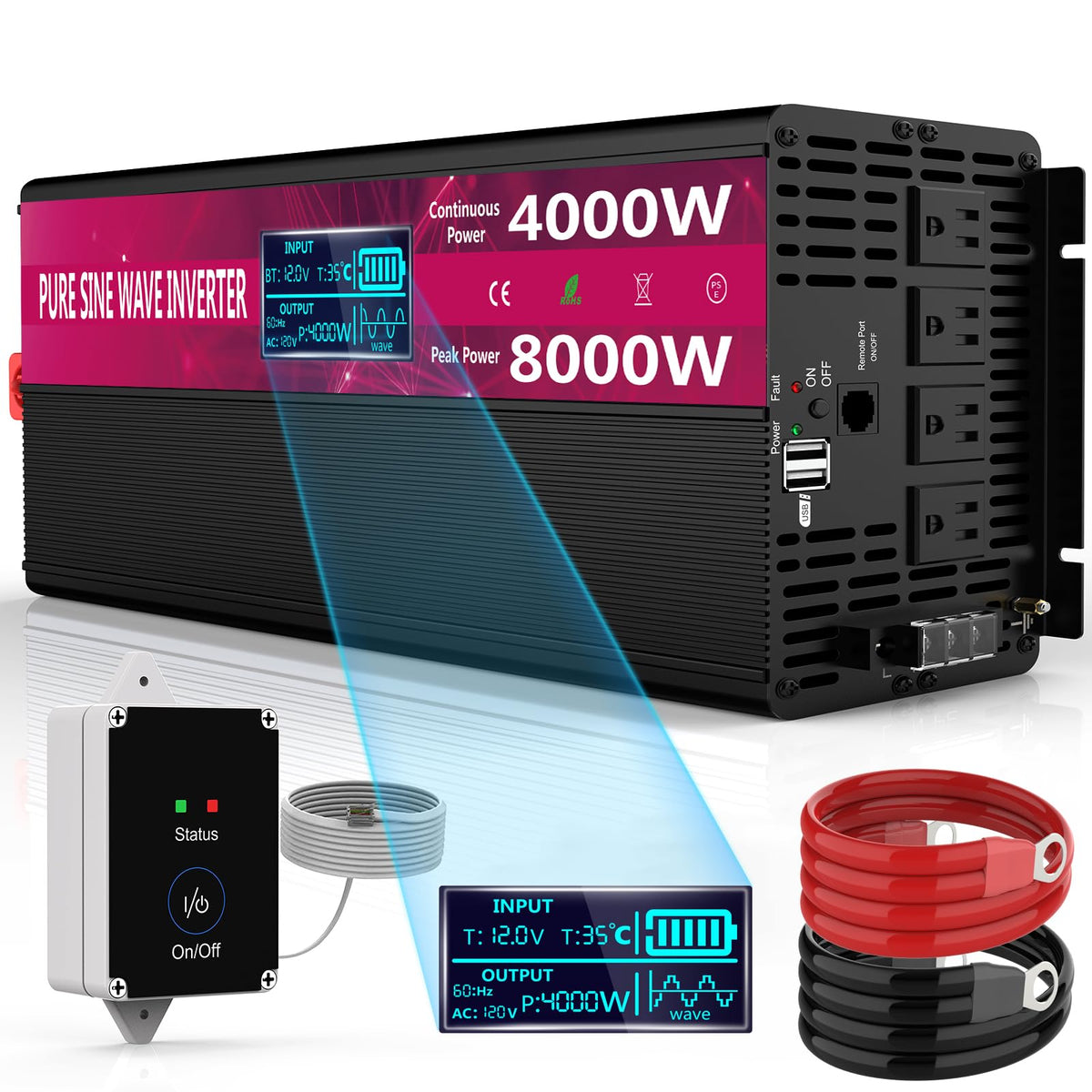 Pure Sine Wave Power Inverter, 3000W 12V DC to 110V/120V AC, Peak 6000W - Remote Control, 4 AC Outlets, Dual USB, LED Display, Terminal Blocks for