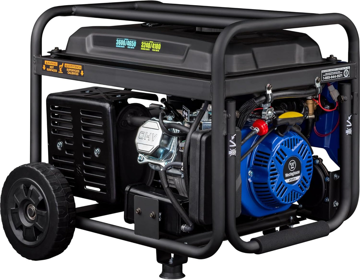 Westinghouse 4650 Peak Watt Dual Fuel Portable Generator, Remote Electric Start with Auto Choke, RV Ready 30A Outlet, Gas & Propane Powered, CO Sensor