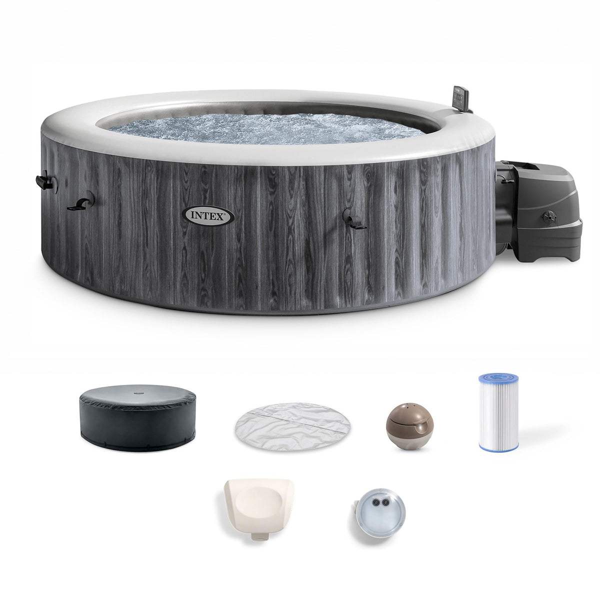 INTEX 28439EP PureSpa Greywood Deluxe Inflatable Spa Set: Includes Energy Efficient Cover C Spa Control App C Wireless Control Panel C 4 Person
