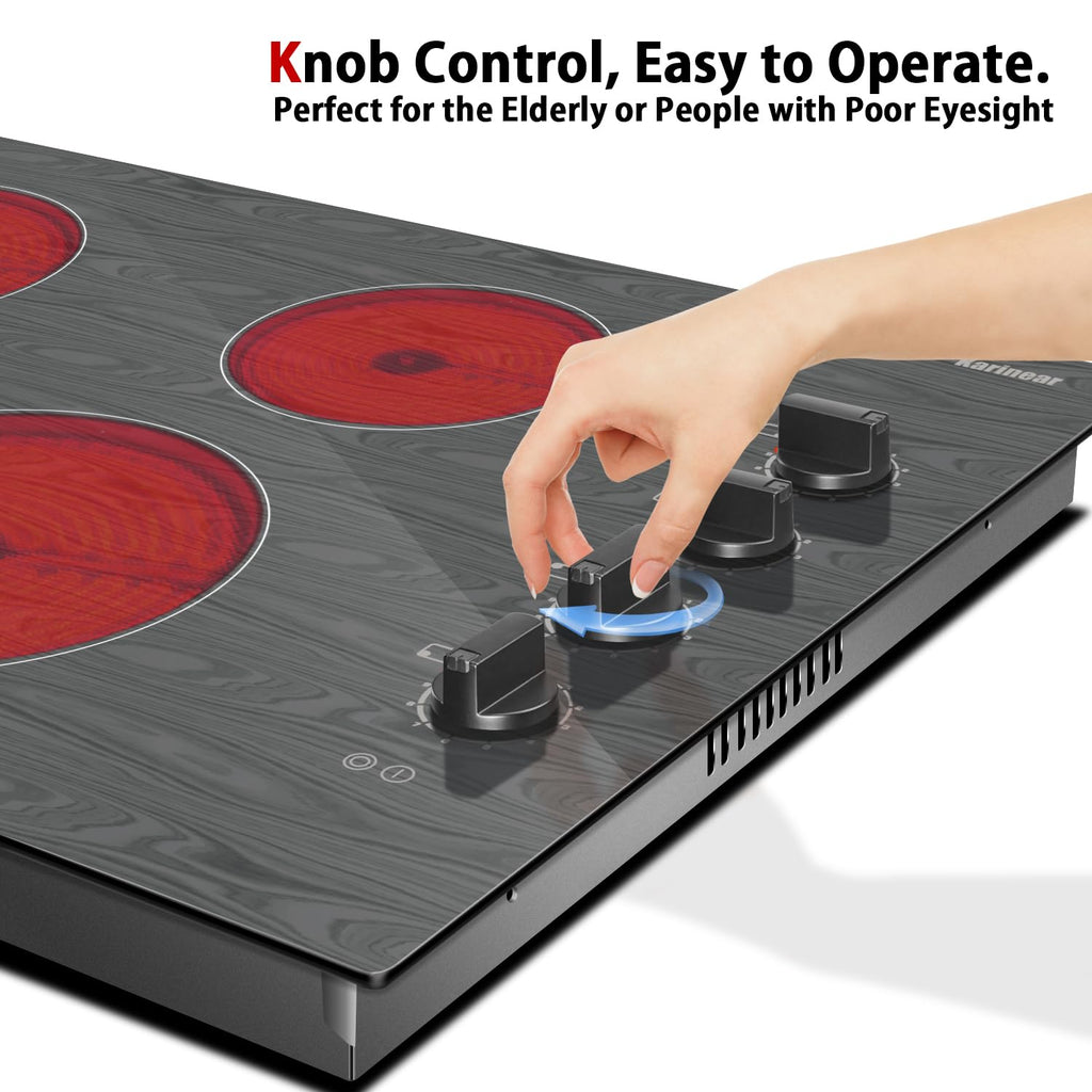 Karinear Electric Cooktop 24 Inch, 4 Burners Electric Stove Knob Control, Built-in Ceramic Cooktop with Beautiful Woodgrain Pattern Glass Surface