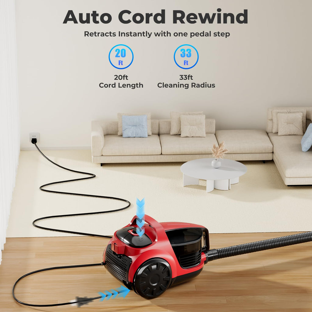 1600W Canister Vacuum Cleaner, Bagless Vacuum Cleaner with 45kPa Strong Suction, 4L Large Dust Cup, Variable Speed Control, 5 Tools, Lightweight