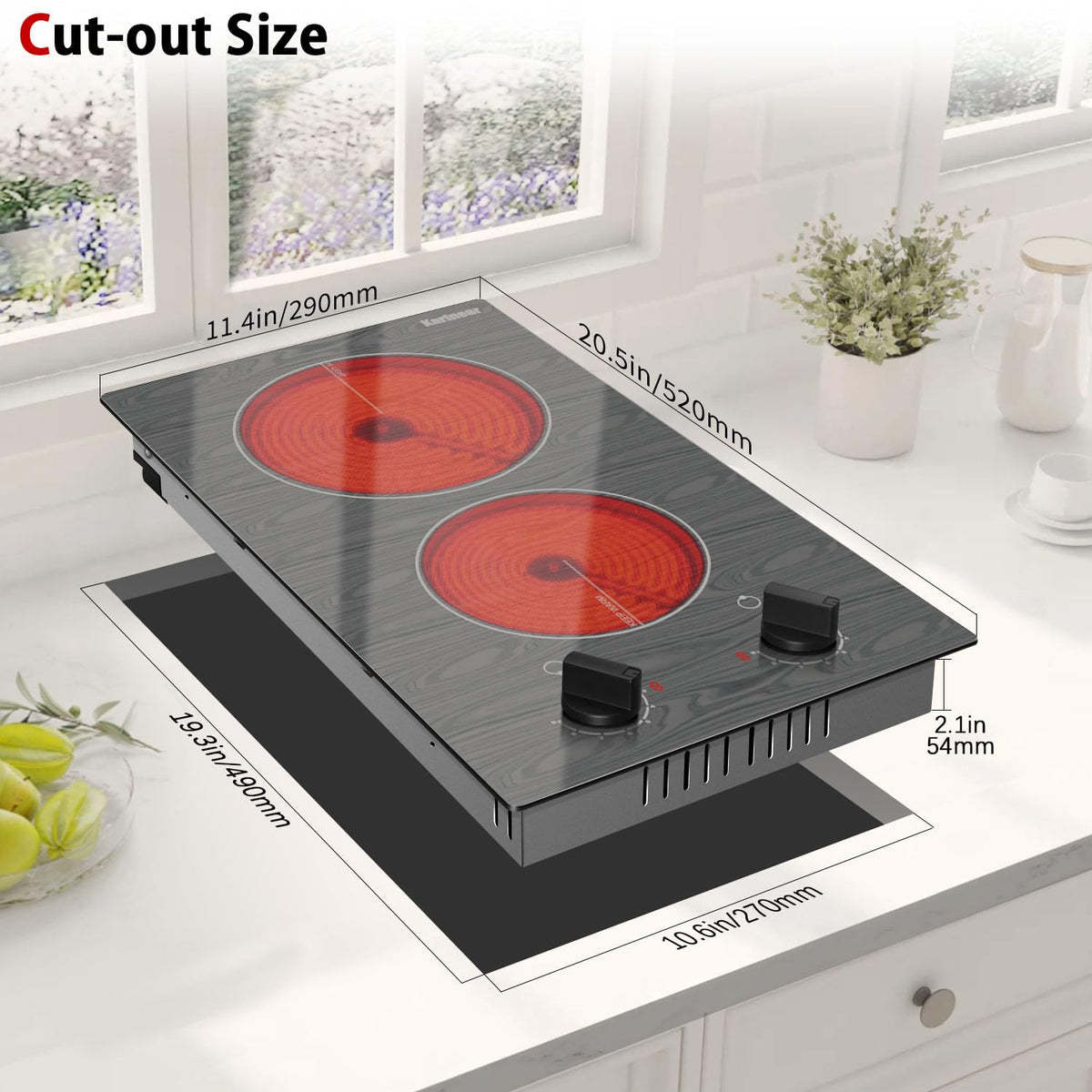 Karinear Electric Cooktop 24 Inch, 4 Burners Electric Stove Knob Control, Built-in Ceramic Cooktop with Beautiful Woodgrain Pattern Glass Surface