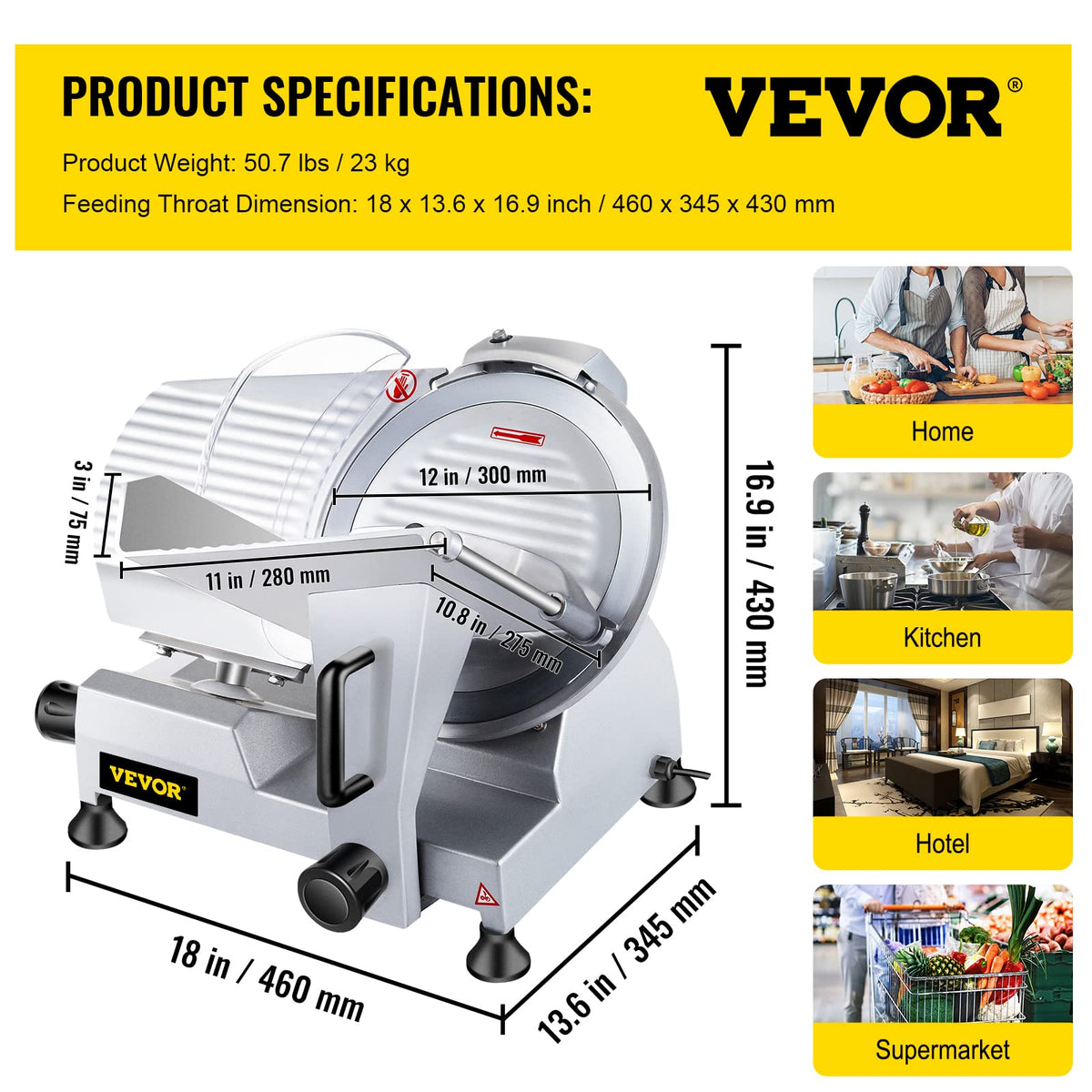 VBENLEM Commercial Meat Slicer,12 inch Electric Meat Slicer Semi-Auto 320W Premium Chromium-plated Steel Blade Adjustable Thickness, Deli Meat Cheese