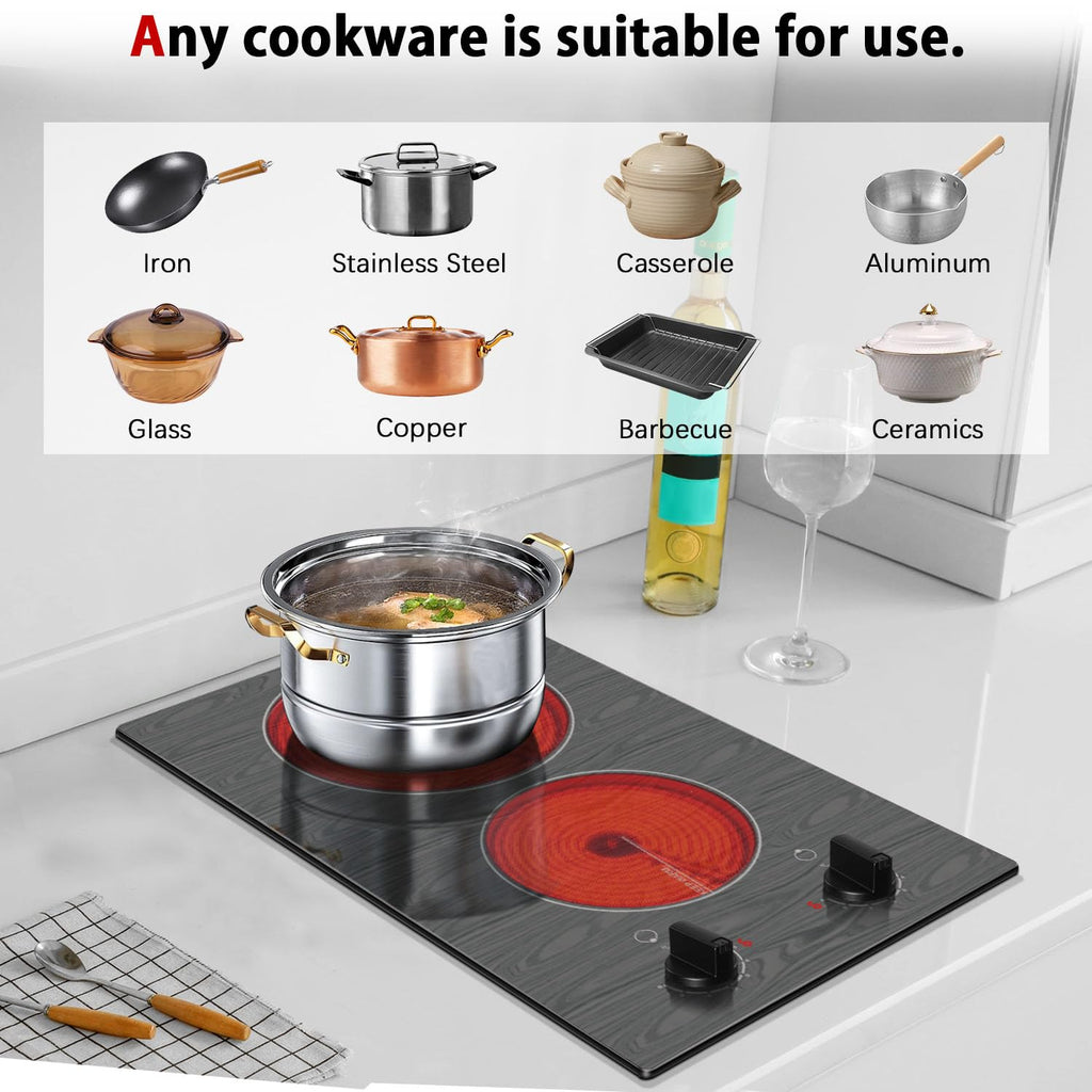 Karinear Electric Cooktop 24 Inch, 4 Burners Electric Stove Knob Control, Built-in Ceramic Cooktop with Beautiful Woodgrain Pattern Glass Surface