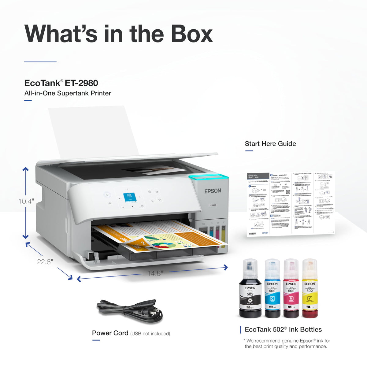 Epson EcoTank ET-2980 Wireless All-in-One Color Supertank Printer with up to 3 Years of Ink, Refillable Tanks, Perfect for Home, 15 PPM, 1.44" Color