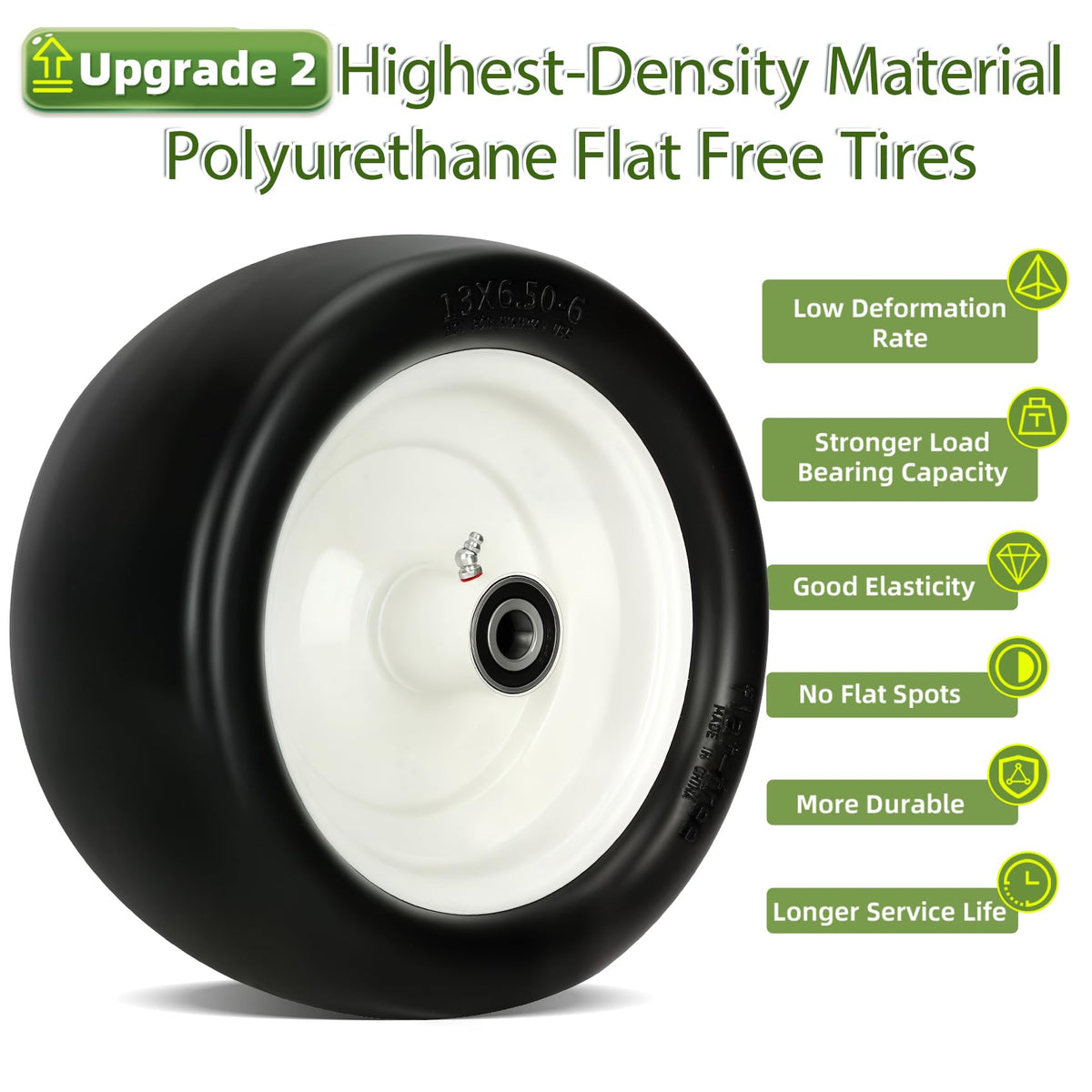 2 Pcs 13x6.50-6 Lawn Mower Tires Flat Free with 3/4" 1/2" 5/8" Bearings