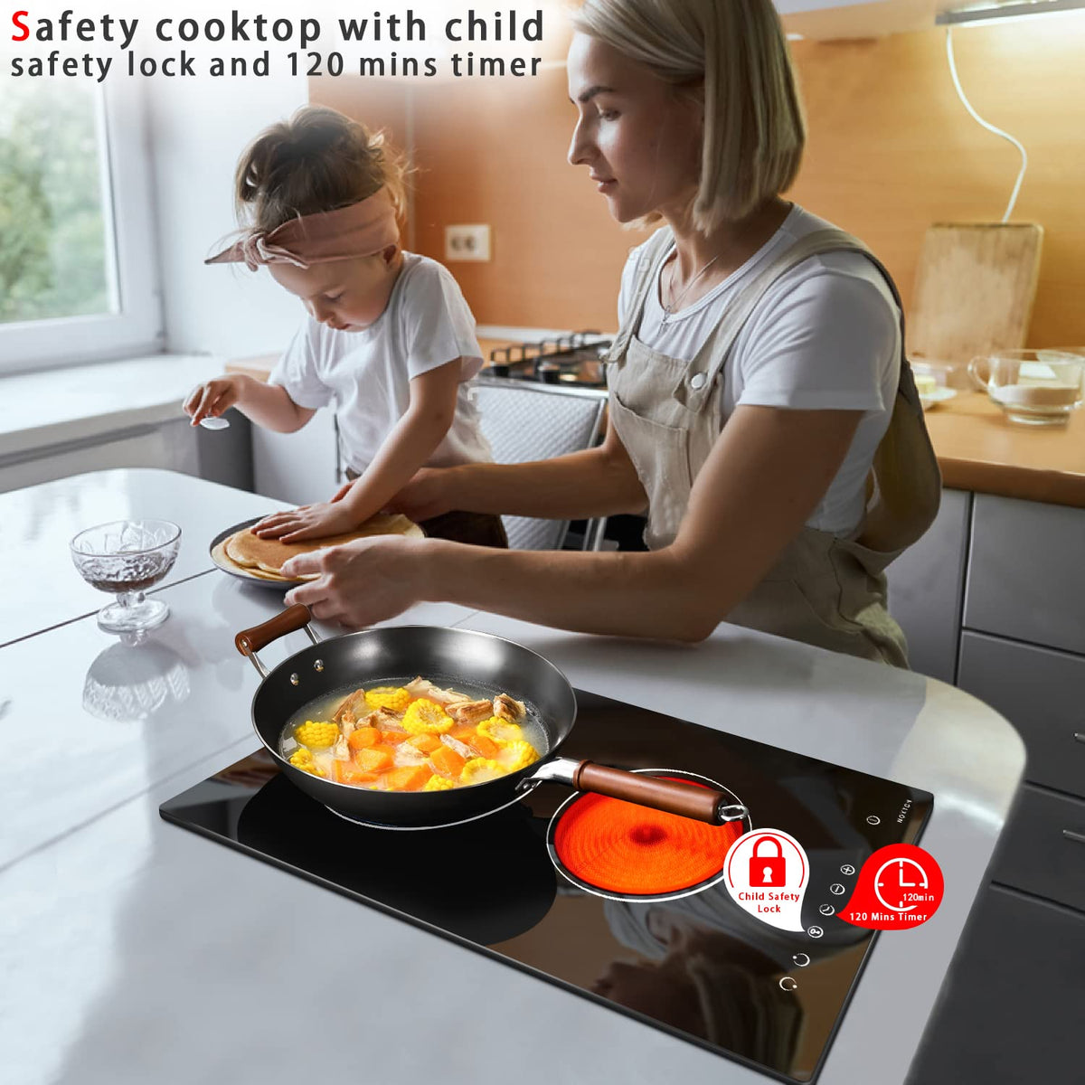 Noxton 30 Inch Electric Cooktop, 8400W 5 Burners Built-in Radiant Electric Stove Top, Slider Control, 9 Power Levels, Child Safety Lock, Timer, 220