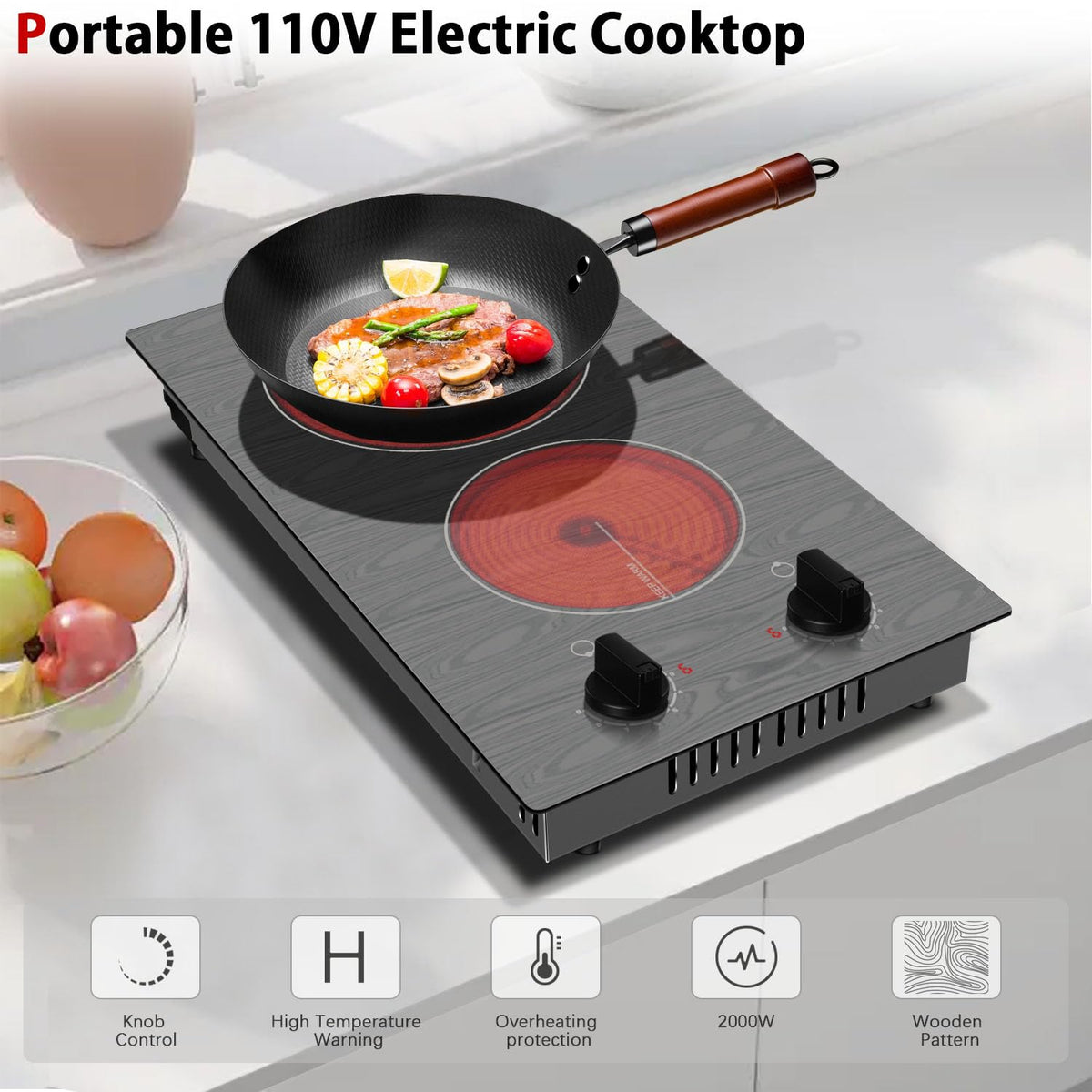 Karinear Electric Cooktop 24 Inch, 4 Burners Electric Stove Knob Control, Built-in Ceramic Cooktop with Beautiful Woodgrain Pattern Glass Surface