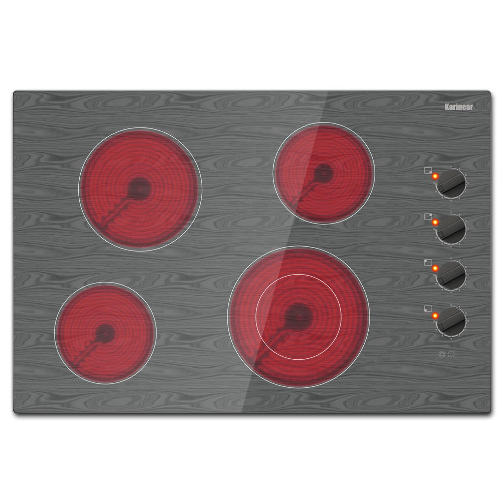 Karinear Electric Cooktop 24 Inch, 4 Burners Electric Stove Knob Control, Built-in Ceramic Cooktop with Beautiful Woodgrain Pattern Glass Surface