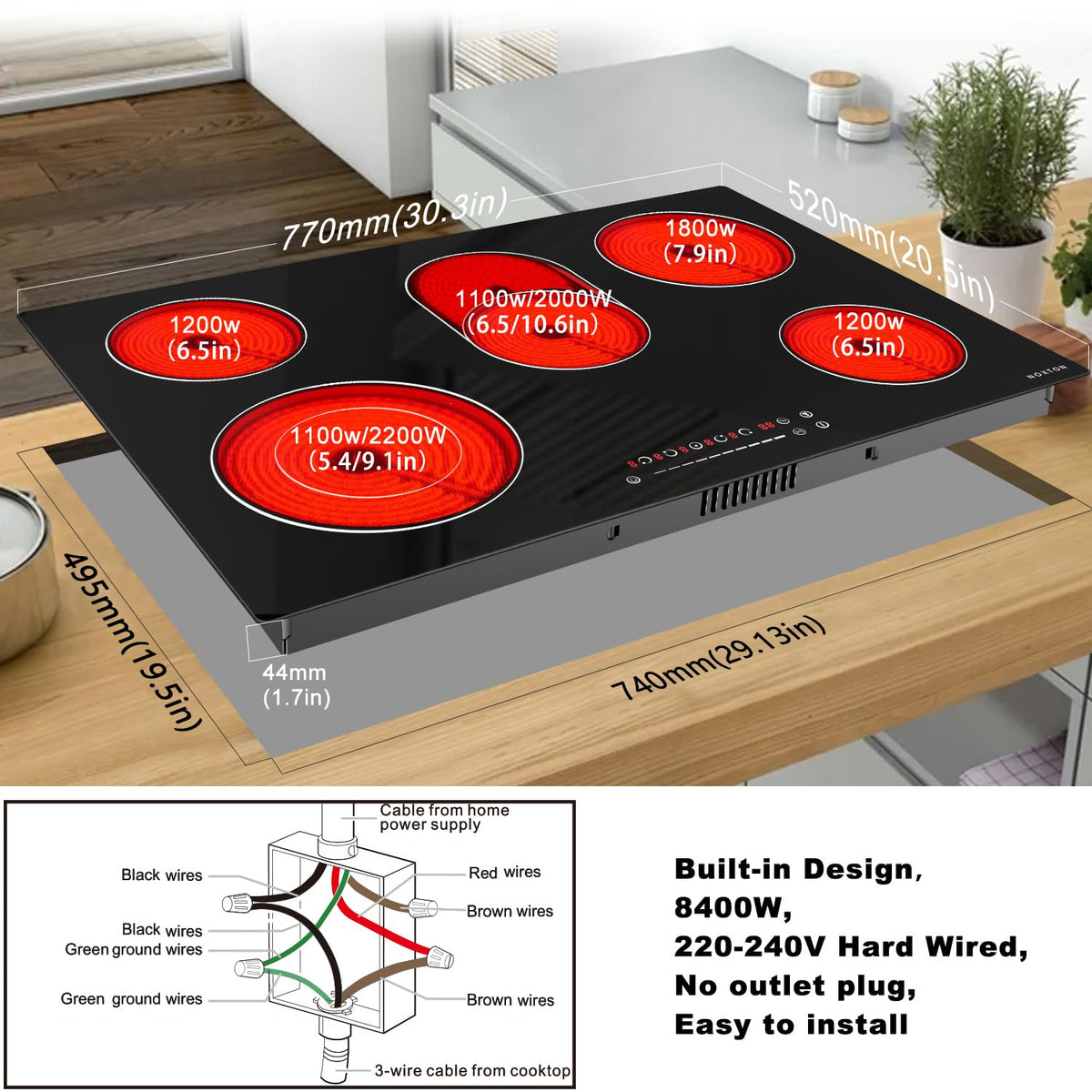 Noxton 30 Inch Electric Cooktop, 8400W 5 Burners Built-in Radiant Electric Stove Top, Slider Control, 9 Power Levels, Child Safety Lock, Timer, 220