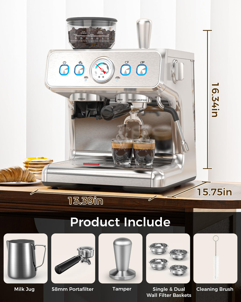 (2025 Upgrade)20 Bar Espresso Machine with Grinder & Milk Frother Steam Wand, Tamping Tools, Expresso Coffee Machines 58mm Commercial Espresso Maker
