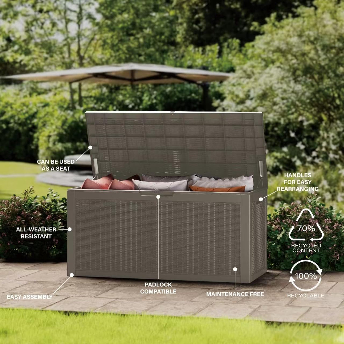 Mersco 320 Gallon Double-Wall Resin Deck Box - Lockable Waterproof Outdoor Storage Box, 1000lbs Capacity & Doubles as Seating for Patio Furniture
