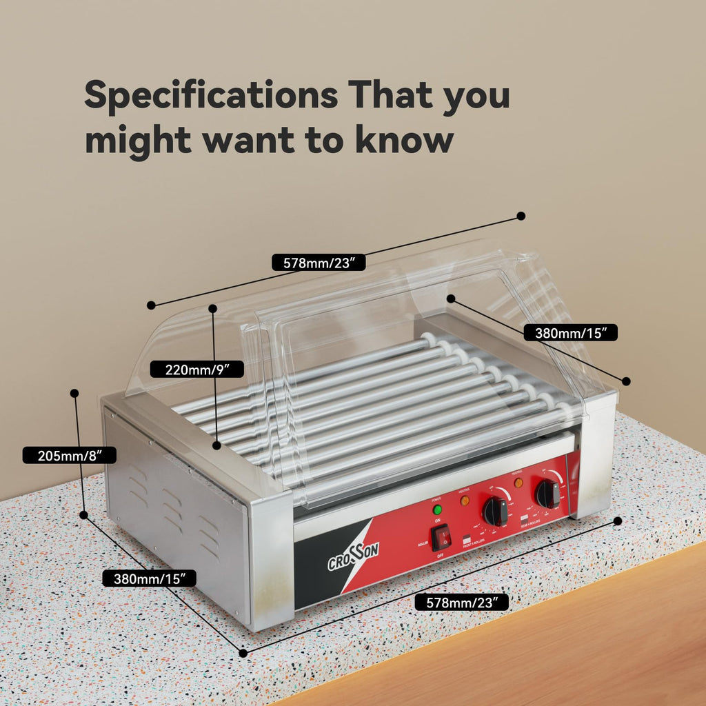 CROSSON 12 Hot Dog 5 Roller Grill Machine with Transparent Sneeze Guard,5 Nonstick 304SS Rollers Commercial Hot Dog Cooker Machine-120V, 750W