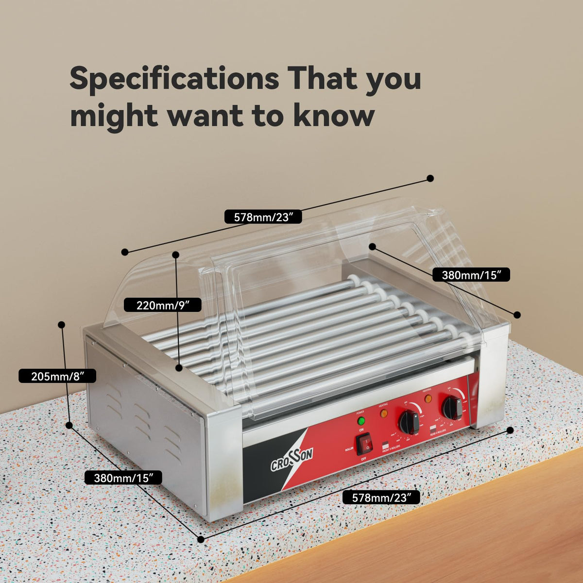 CROSSON 12 Hot Dog 5 Roller Grill Machine with Transparent Sneeze Guard,5 Nonstick 304SS Rollers Commercial Hot Dog Cooker Machine-120V, 750W
