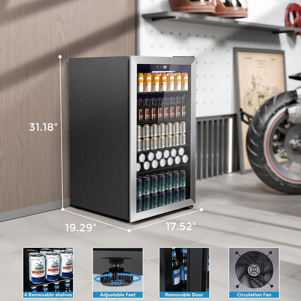 COWSAR 4.5 Cu.Ft Wine Fridge 37 Bottle, ETL Approved Freestanding Wine Cooler 145 Can Beverage Refrigerator with Stainless Steel Reversible Glass