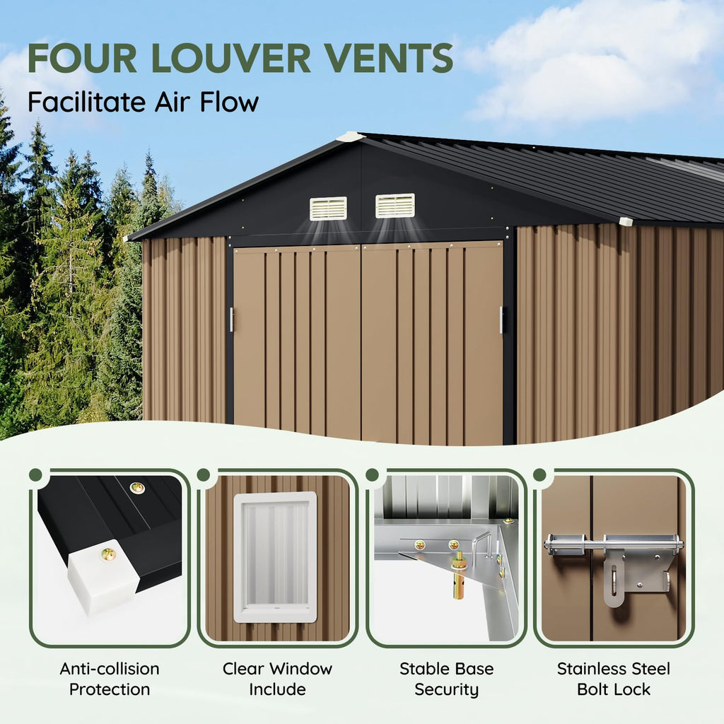 10x10 FT Outdoor Metal Storage Shed, Double Swing Doors, 2 Clear Windows,Tool Shed for Garden, Patio, Backyard Nightblue