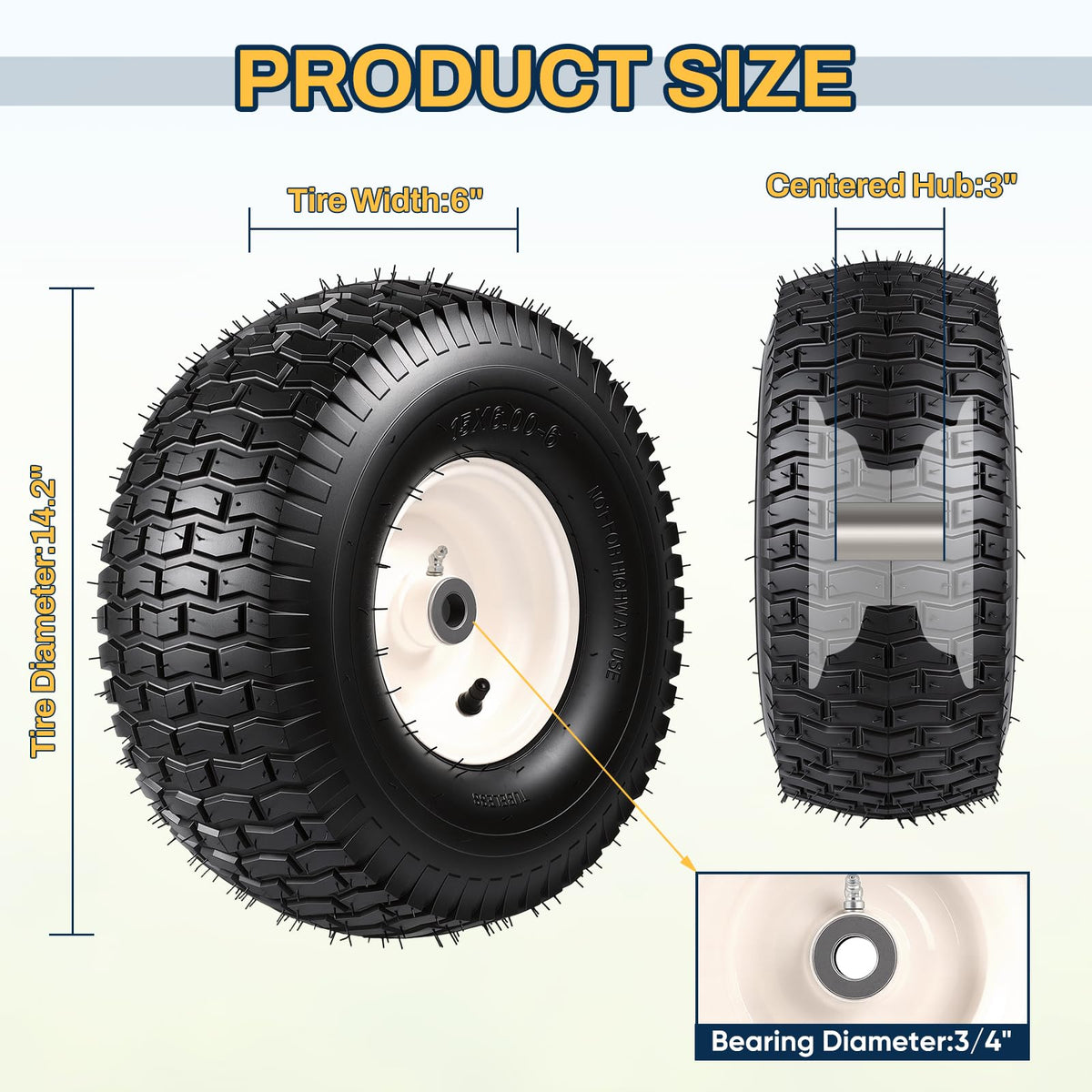 15x6.00-6 Flat Free Lawn Mower Tire and Wheel, 15x6-6 Front Tire Assembly