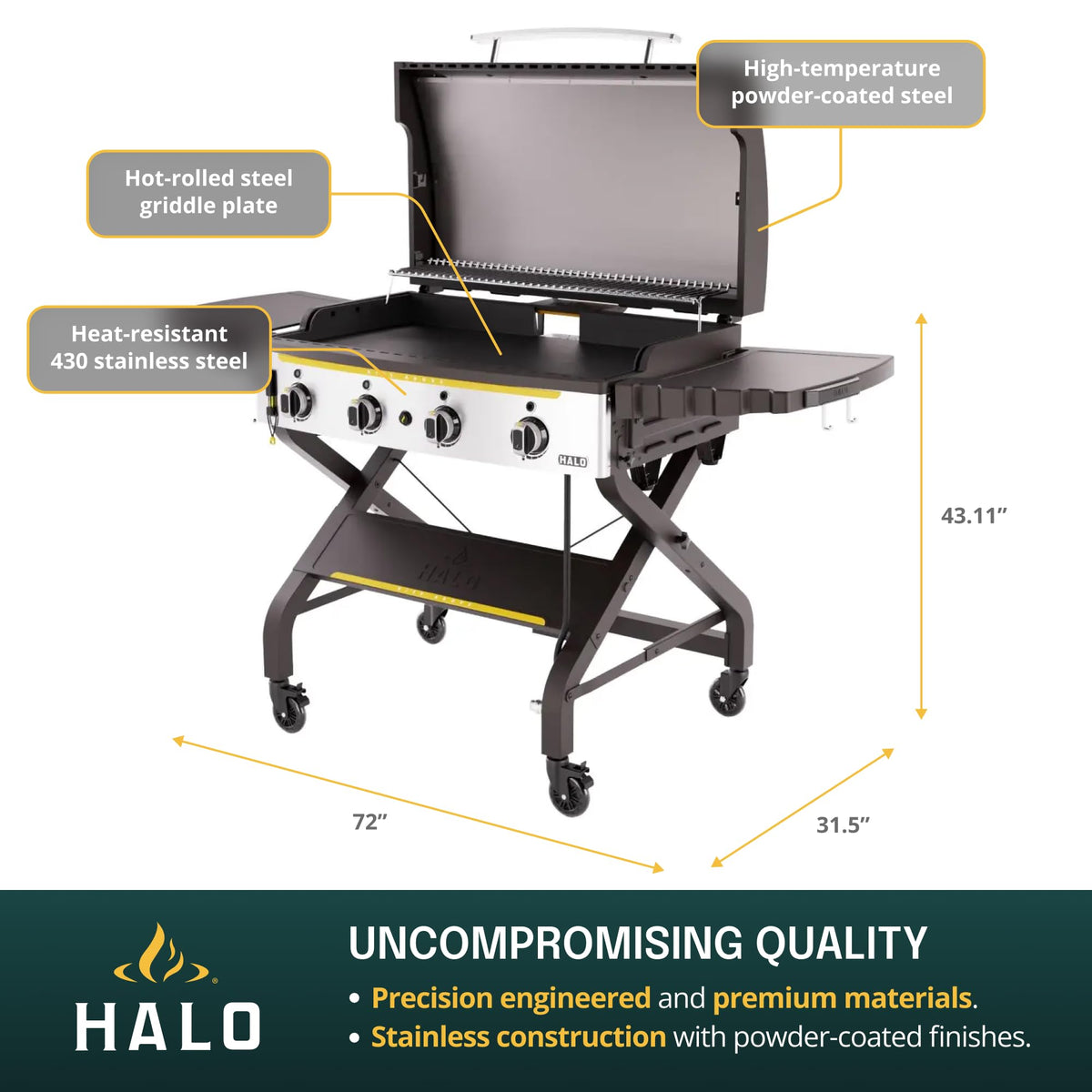 HALO Elite4B Outdoor Griddle | 4 Burner, 8 Cooking Zones | 720 sq. in. (36 x 20) Wind-Proof Cooking Surface | Propane Gas Grill | HZ-1001-XNA