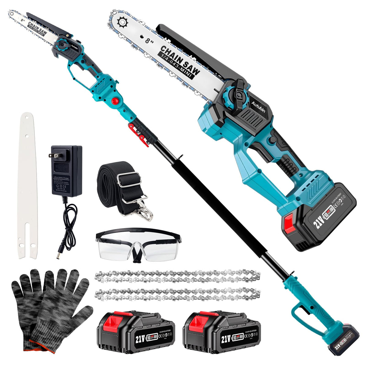 2-in-1 Cordless Pole Saw & 8'' Mini Chainsaw,Forest Ranger Approved Electric Handheld Chain Saw with 2 21V 4.0Ah Rechargeable Batterie&Charger, Auto