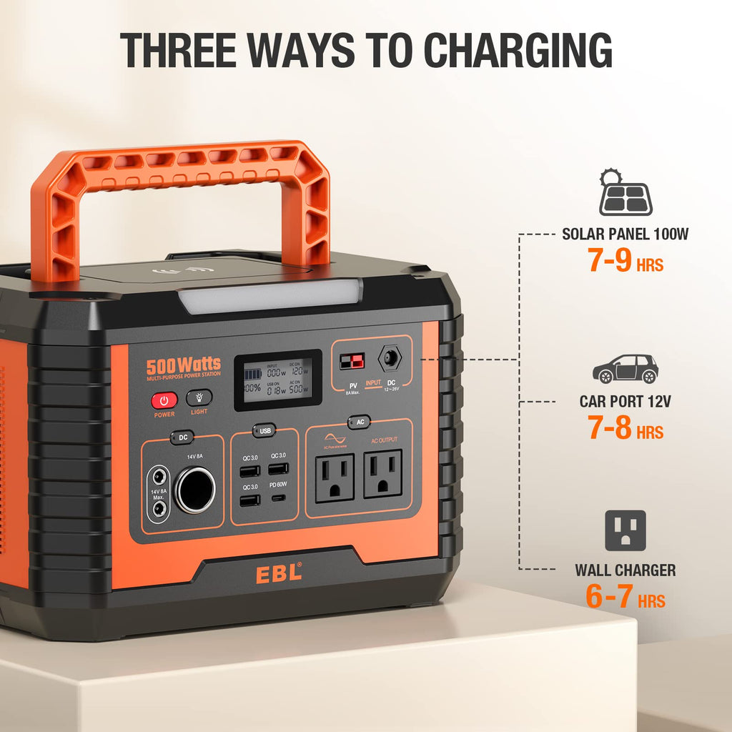 EBL Portable Power Station 500, 519.4Wh Outdoor Solar Generator with 110V/500W AC Outlet for Home Use, Emergency Backup, Camping
