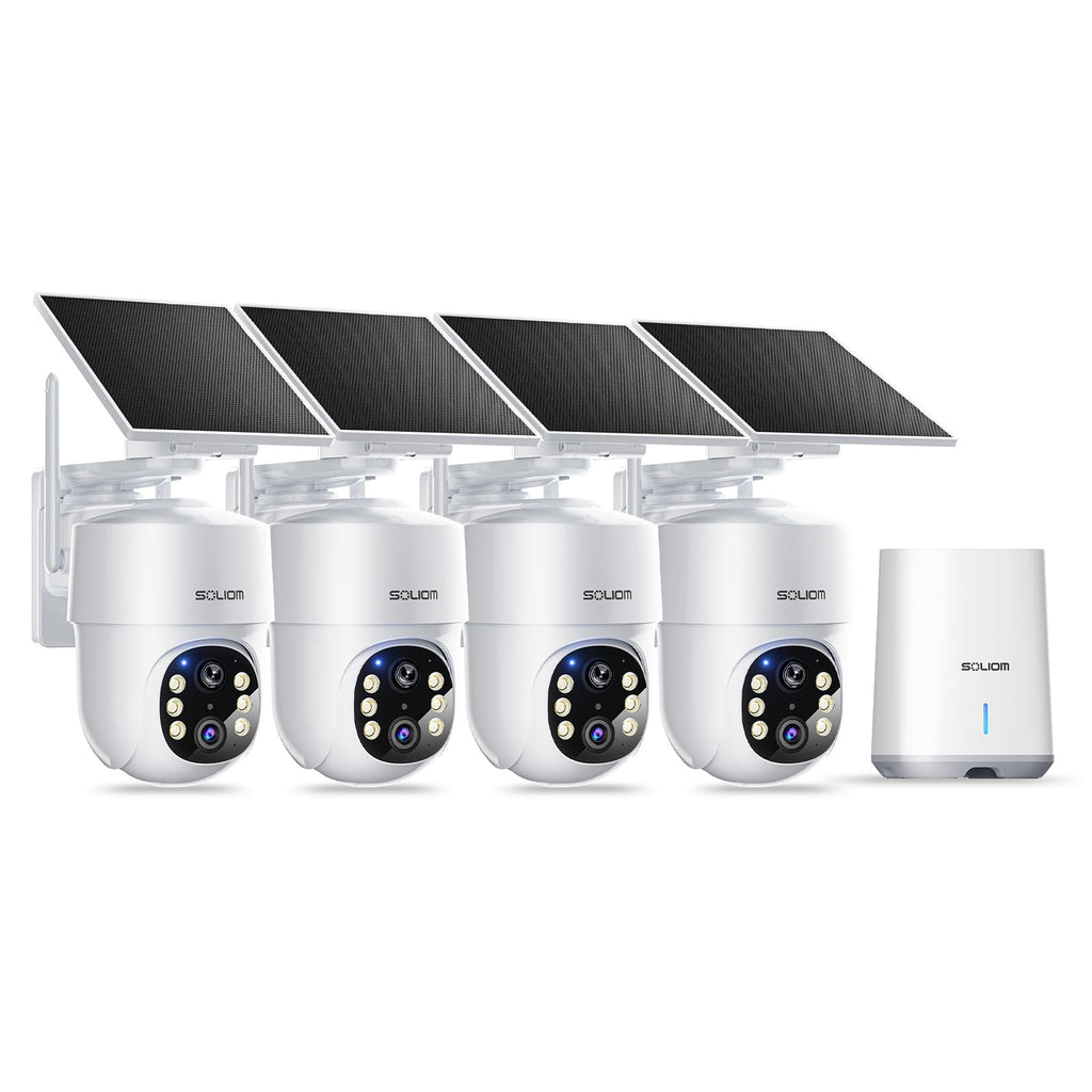SOLIOM- 5MP Security Cameras Wireless Outdoor, No Subscription,4-Cam Pack, Solar Powered Home Security Camera with 360 Auto Tracking, Pan & Tilt, 3K