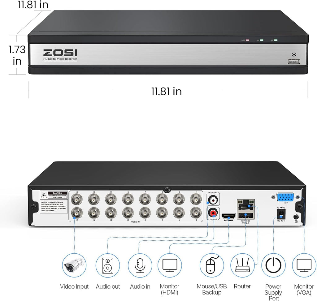 ZOSI 1080P H.265+ 16 Channel Video Security DVR Recorder with AI Human/Vehicle Detection,16CH Hybrid 4-in-1 CCTV DVR with 4TB HDD for Home