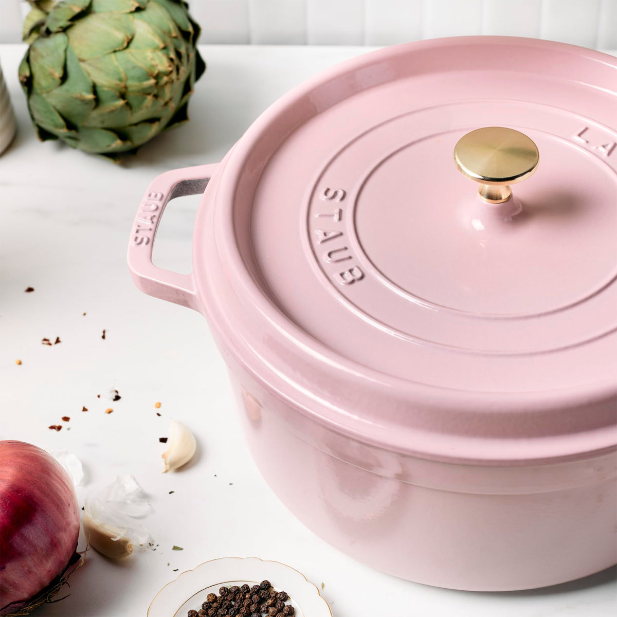 Staub Cast Iron 7-qt Round Cocotte - White Truffle, Made in France