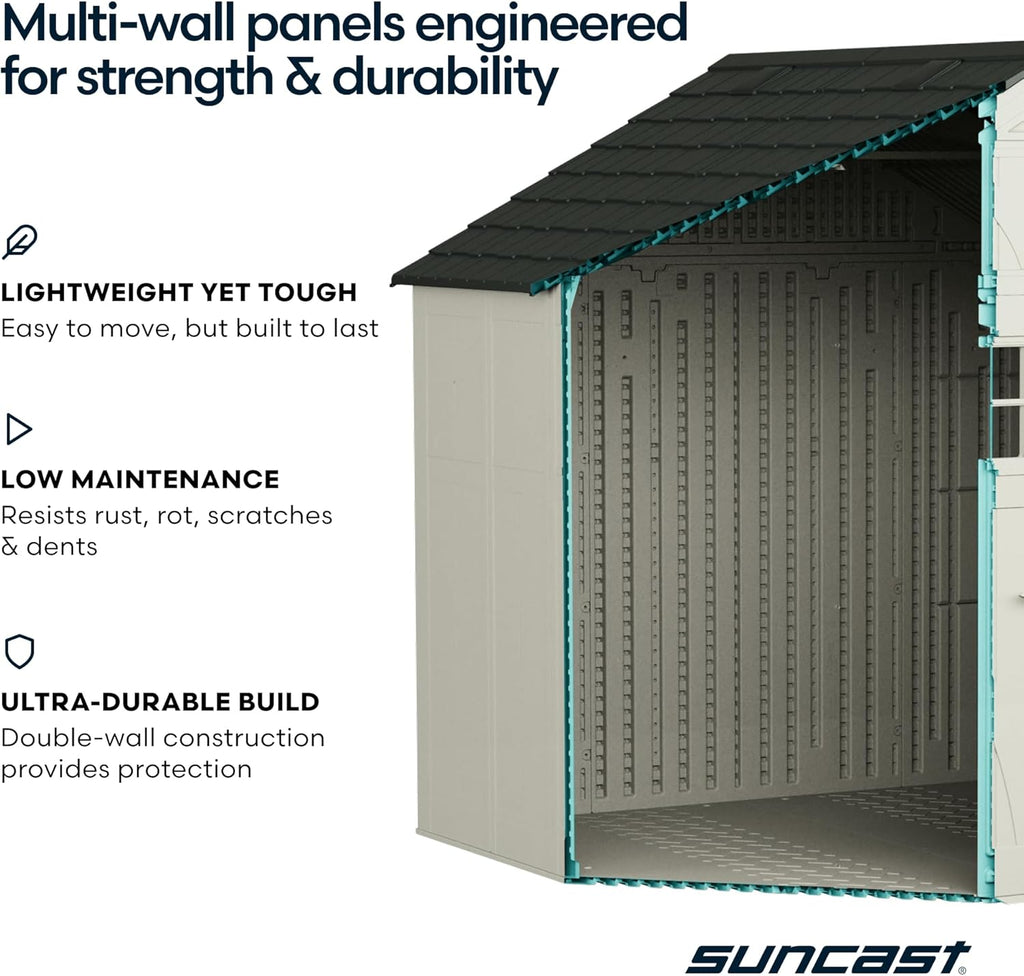 Suncast 8x7 Ft. Outdoor Storage Shed - Large Resin Shed with Floor, Lockable Double Doors, & Skylights. 378 Cu Ft Tremont Garden Sheds & Outdoor
