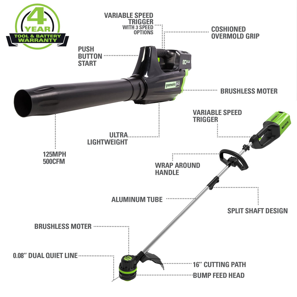 Greenworks 80V Brushless Cordless Yard Tool Combo Kit with 2.0Ah Battery & Rapid Charger C 16" Dual-Line String Trimmer and 500 CFM / 125 MPH Leaf