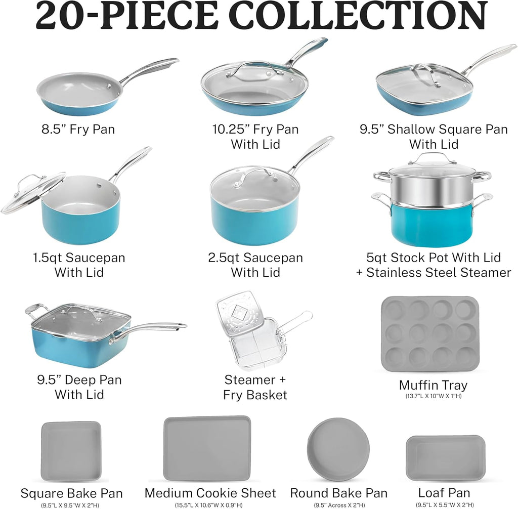 Gotham Steel 20 Piece Pots and Pans Set Nonstick Cookware Set, Pot and Pan Set, Kitchen Cookware Sets, Ceramic Cookware Set, Ceramic Pots and Pans