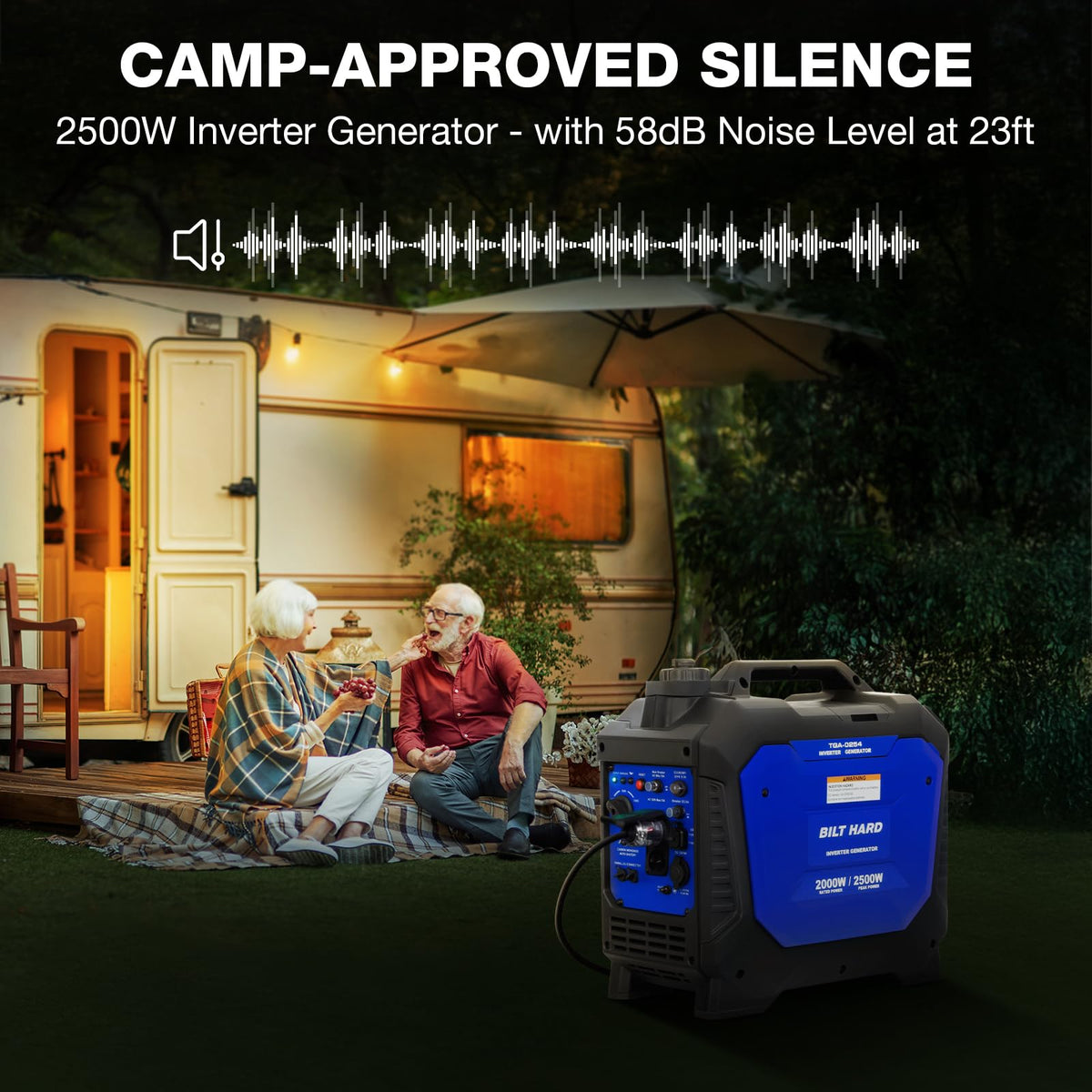BILT HARD Gas Generator 2500W, 80cc 4 Stroke Quiet Inverter Generator with CO Sensor, Parallel Ready,120V AC Duplex Receptacle and 12V DC Output