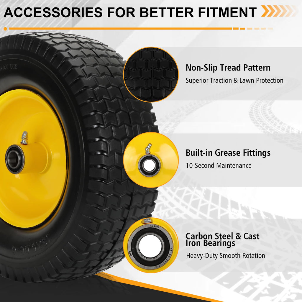 2 Pack 15x6.00-6 Flat Free Lawn Mower Tire and Wheel, 15" Solid Front Tires with 3" Centered Hub, 3/4" & 5/8" Bearings and 1" Bushings, Compatible with John Deere Husqvarna Riding Mowers Lawn Tractors