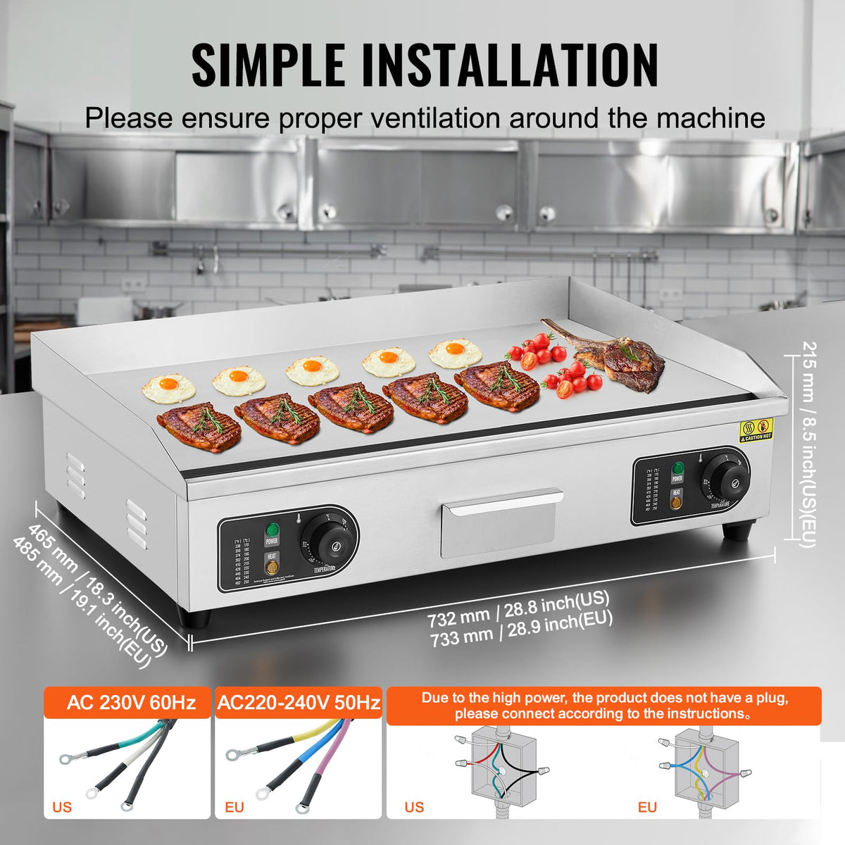 VEVOR Upgraded Commercial Electric Griddle, 2800W Stainless Steel Countertop Flat Top Grill, 26'' Griddle Grill with 2 Shovels and 2 Brushes, 122H