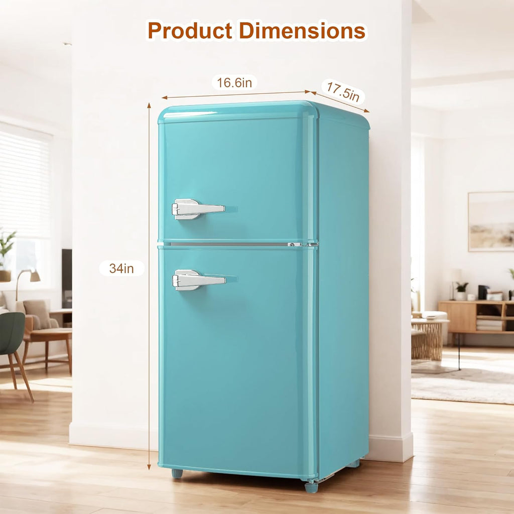Retro Mini Fridge with Freezer 4.0 Cu. Ft, Small Refrigerator with 7 Level Adjustable Thermostat, Compact Classic Dual Door Fridge Removable Glass