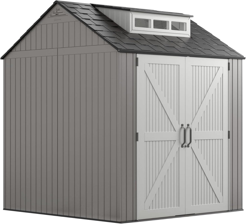 Rubbermaid Resin Outdoor Storage Shed With Floor (7 x 7 Ft) Weather Resistant Gray Organization for Home/Backyard/Garden Tools/Lawn Mower/Bike