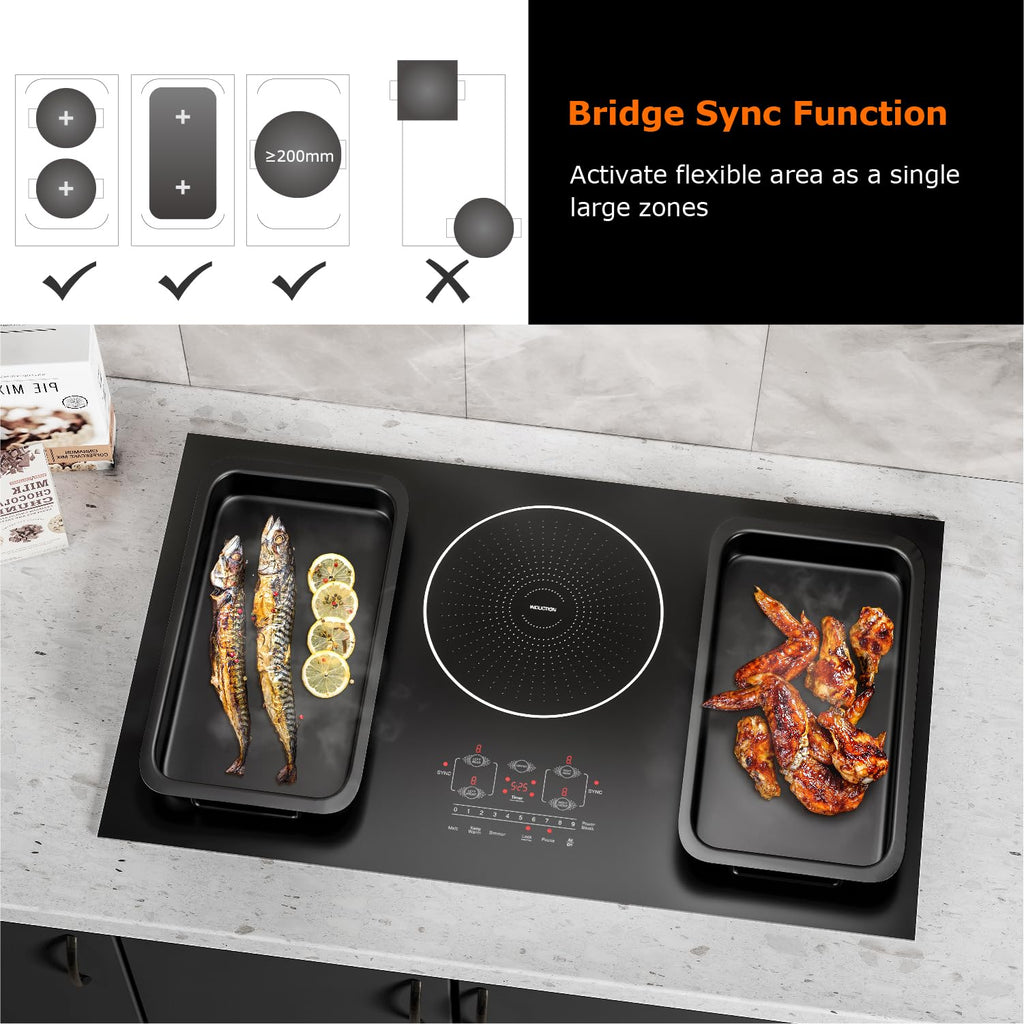 30 Inch Induction Cooktop 4 Burners, Flat Glass Top Electric Stove Hob with Bridge-SYNC, 3 Preset Modes Booster, Timer, Pause, Child Lock, Drop in