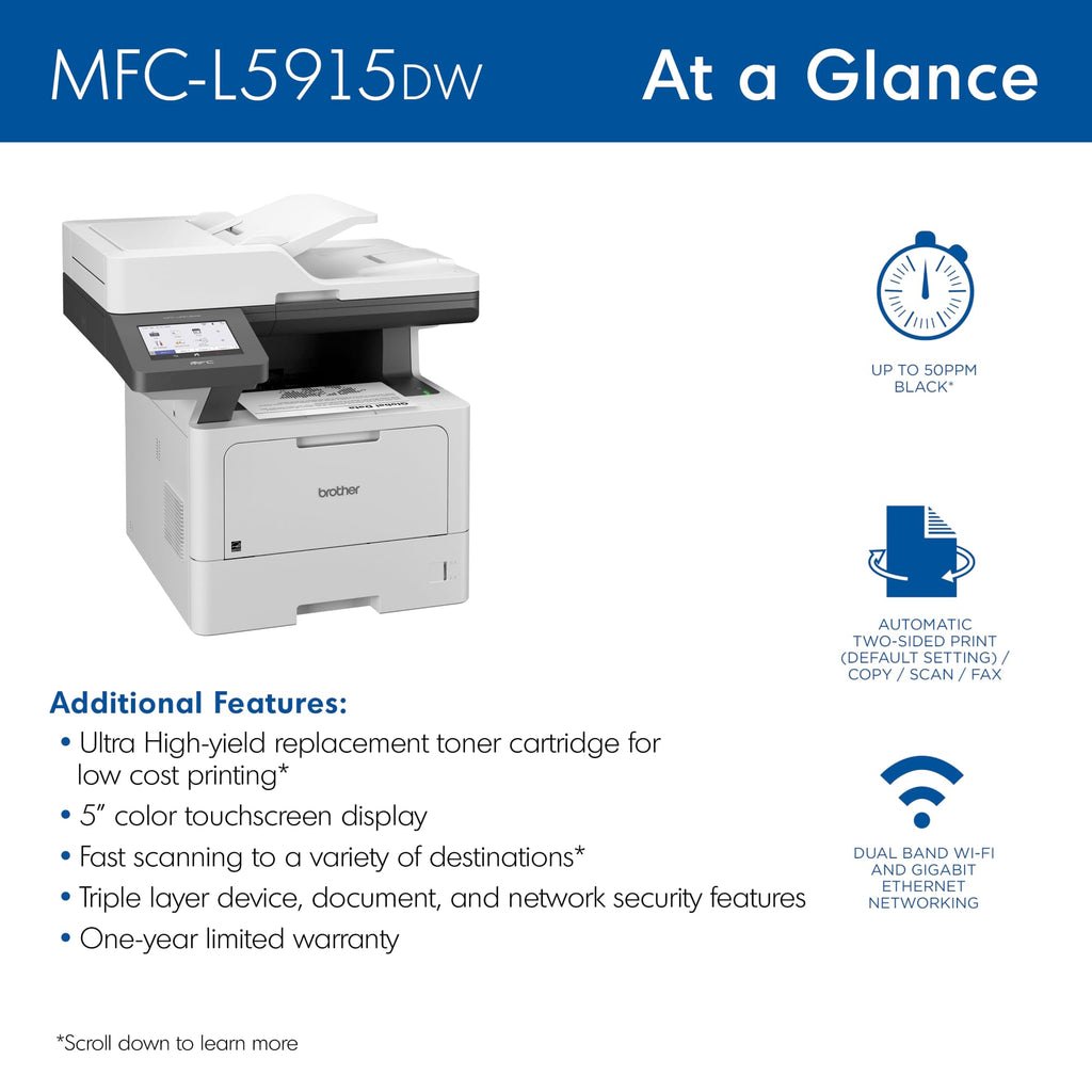 Brother Professional Laser Printer All-in-One with Scanner and Copier, High-Speed 50 ppm Monochrome Printing, Wireless Network Ready, Dual-Band WiFi