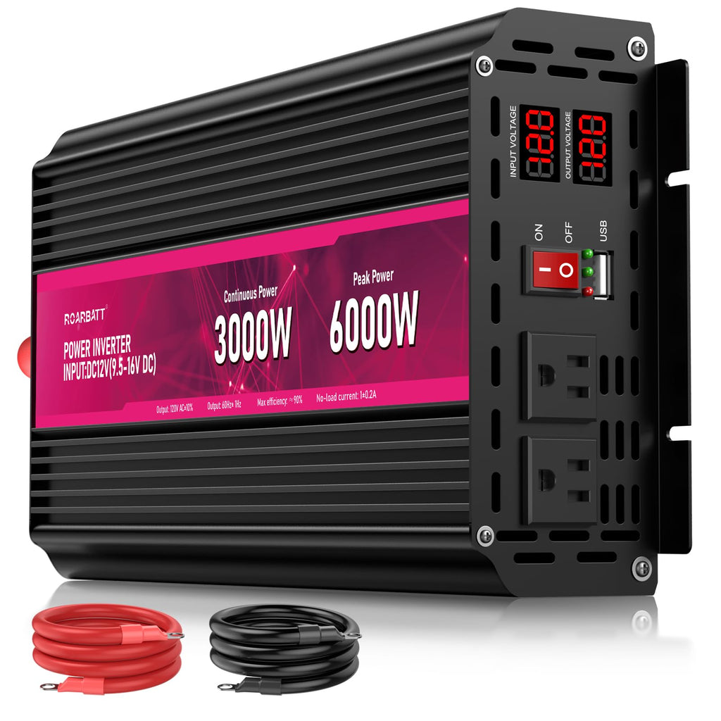 Pure Sine Wave Power Inverter, 3000W 12V DC to 110V/120V AC, Peak 6000W - Remote Control, 4 AC Outlets, Dual USB, LED Display, Terminal Blocks for